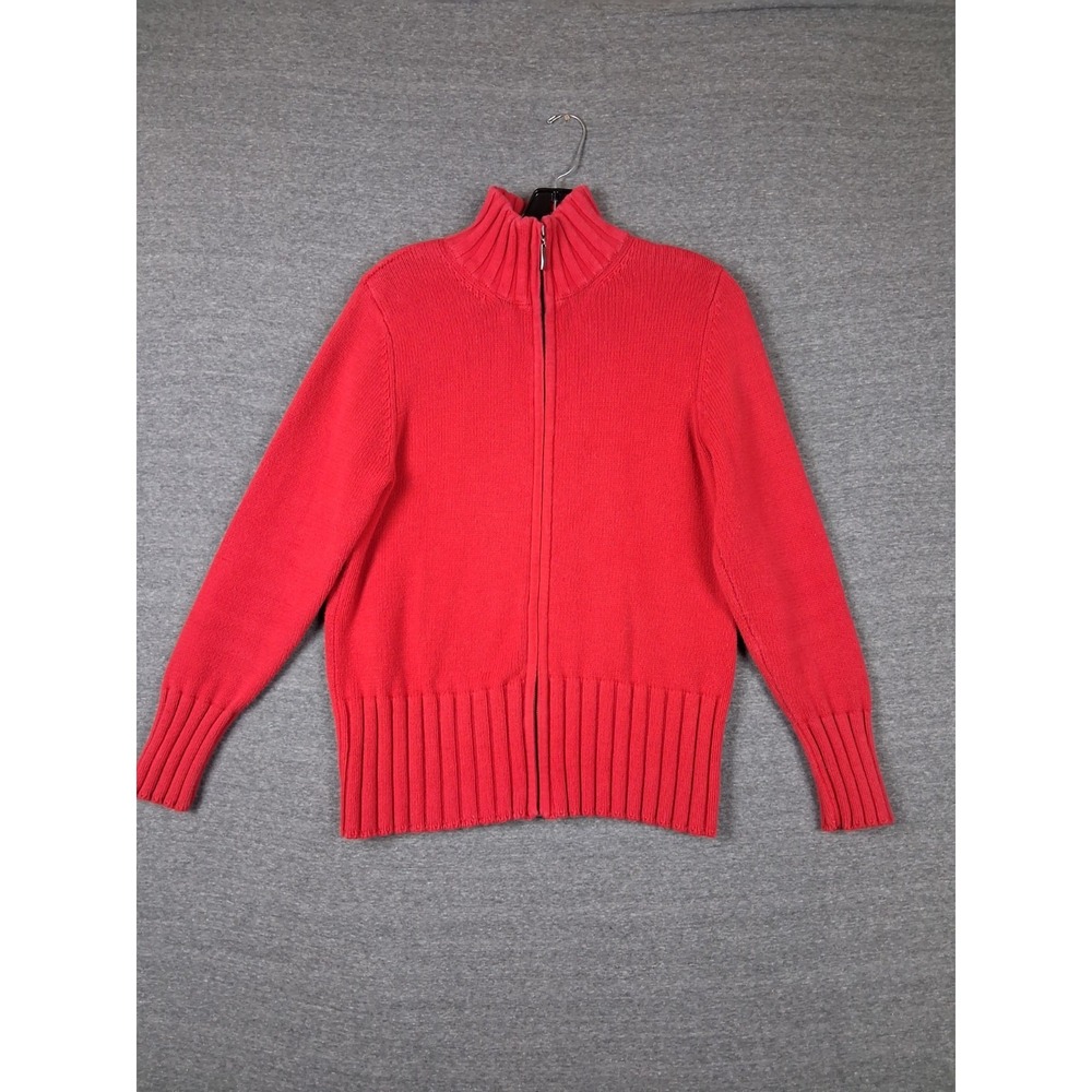 Lands‎ End Womens Jacket Medium Red Full Zip Sweater Knit Rib Cabin Cozy Coastal